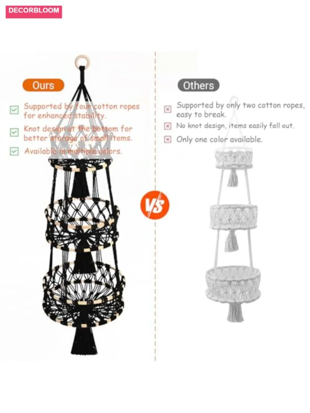 3 Tier Hanging Fruit Basket Macrame Cotton Rope Handwoven Hammock Produce